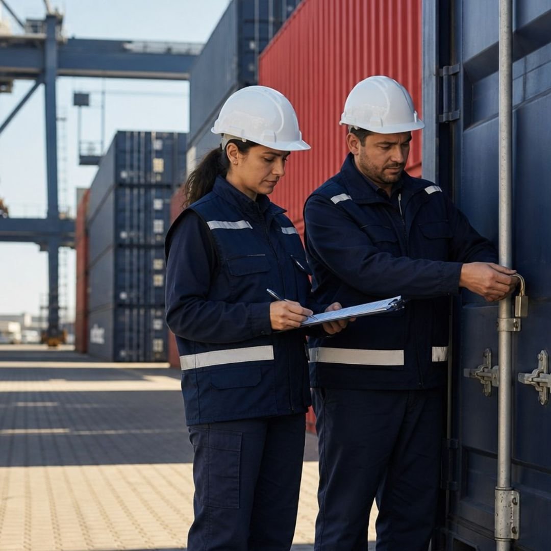 Especialistas revisando un contenedor durante una inspección aduanal
